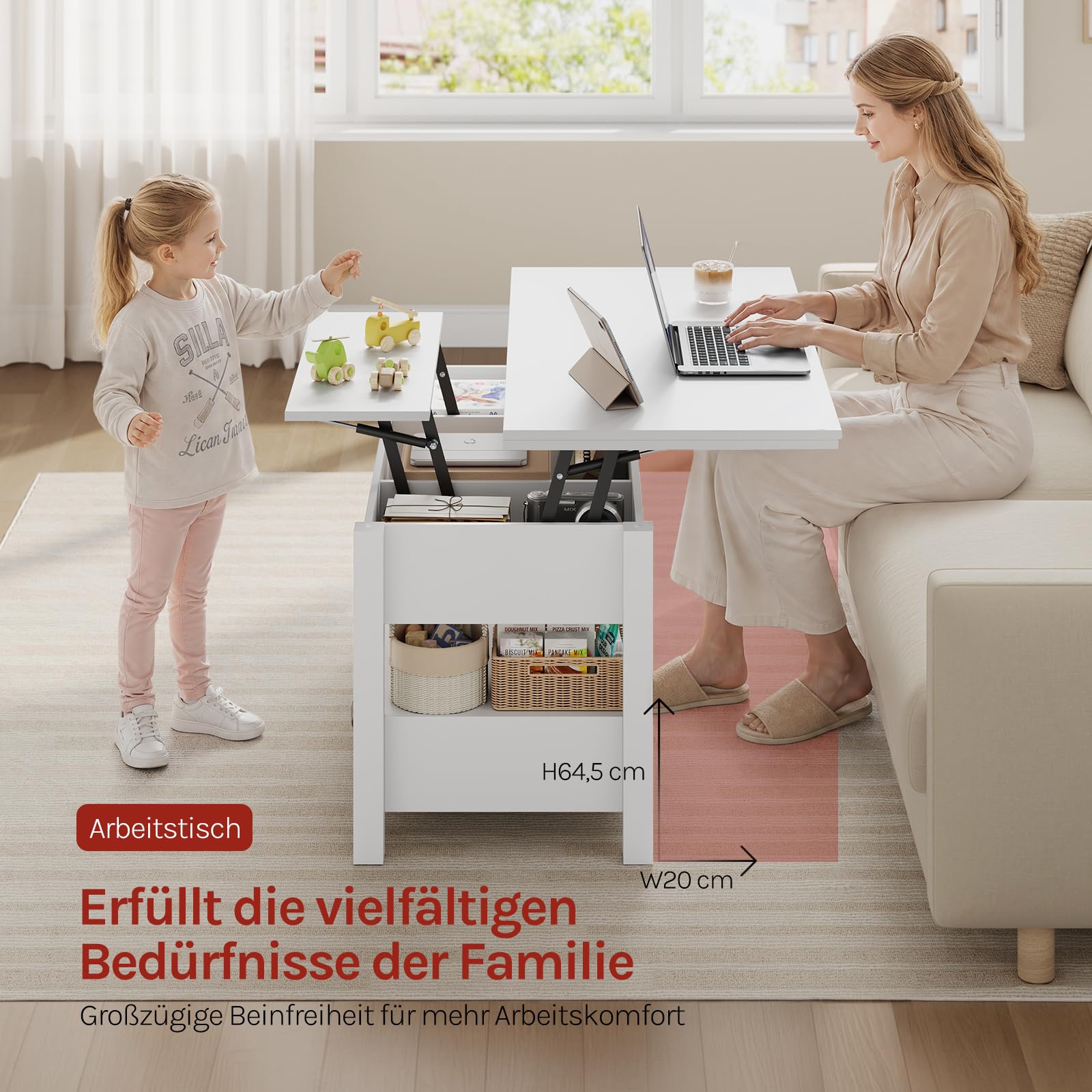 WOLTU Couchtisch höhenverstellbar, Wohnzimmertisch klappbar, 2 Schubladen, 1 offenes Fach und 3 versteckte Fächer unter Tischplatte, für Wohnzimmer Homeoffice, Weiß
