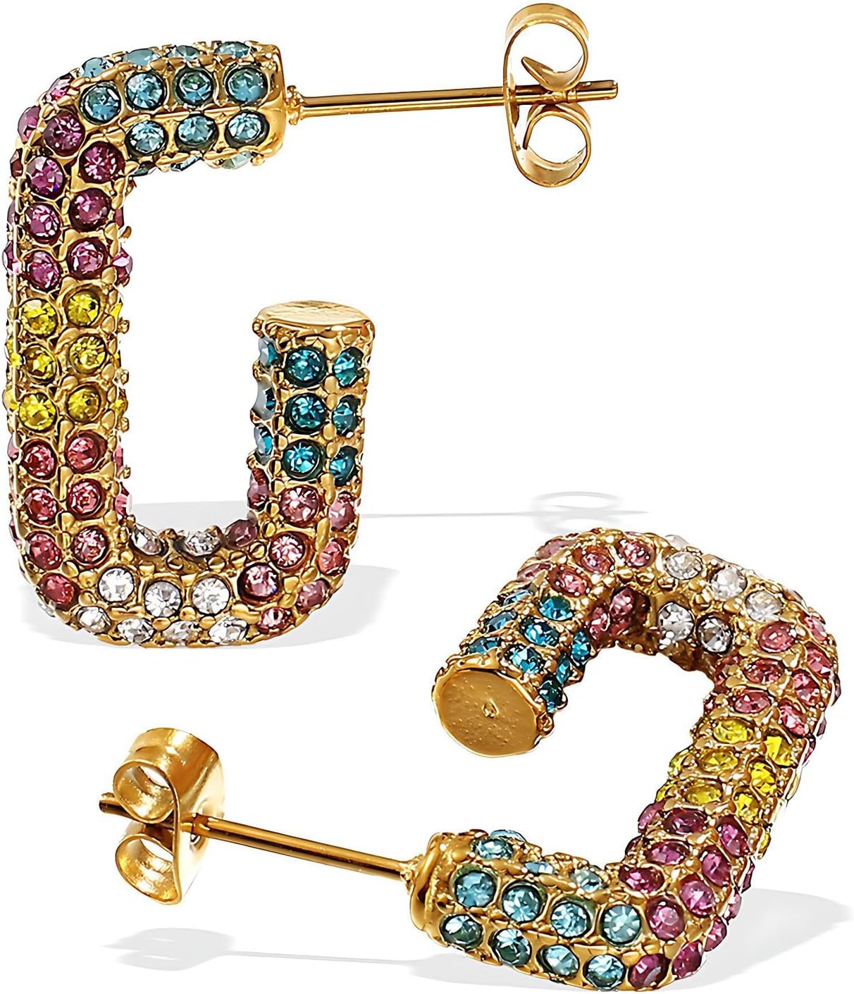 Colorful Crystal C Hoop Earrings for Women – Gold Plated Geometric Stud Earrings with Multicolor Cubic Zirconia – Statement Jewelry Gift
