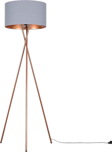 MiniSun Modern Copper Metal Tripod Floor Lamp with a Grey & Copper Cylinder Shade - Complete with a 6w LED Bulb [3000K Warm White]
