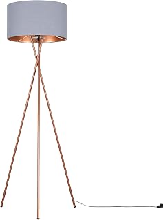 MiniSun Modern Copper Metal Tripod Floor Lamp with a Grey & Copper Cylinder Shade - Complete with a 6w LED Bulb [3000K Warm White]