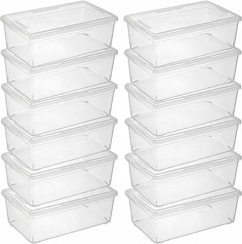 novelinks 12 Pack 6QT Plastic Storage Bins with Lids, Stackable Clear Containers with Latches, Durable Nestable Boxes for Office, Home, Garage, Shoes Organization