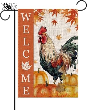 Fall Garden Flag Chicken Pumpkins Leaves Vertical Double Sided Welcome Flags Seasonal Aumtumn Farmhouse Yard Lawn Decor 12.5 x 18 Inch