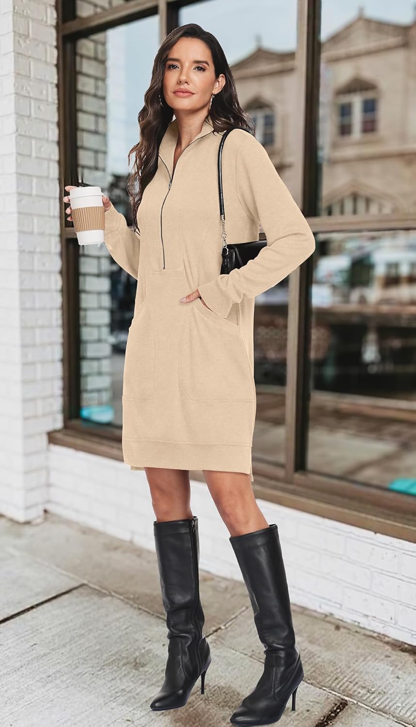 PrinStory Women’s Casual Dresses | Fall Winter Long Sleeve Half Zip V Neck Pullover Tunic Sweatshirt Dress with Pockets S-2XL - Image 3