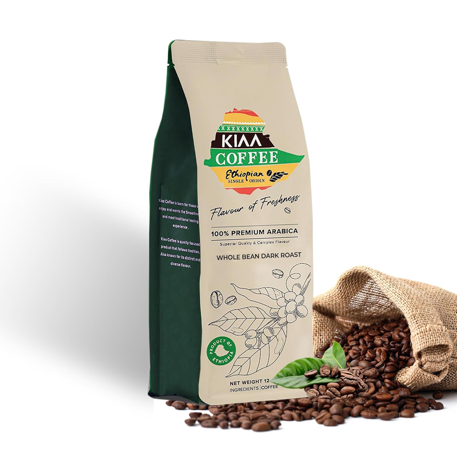 KIAA Ethiopian Premium Whole Bean Dark Roast – 12oz, 100% Organic Arabica, Full-Bodied Bold Flavor, Rich & Smooth, Perfect for Espresso, French Press & Drip Brewing, Freshly Roasted
