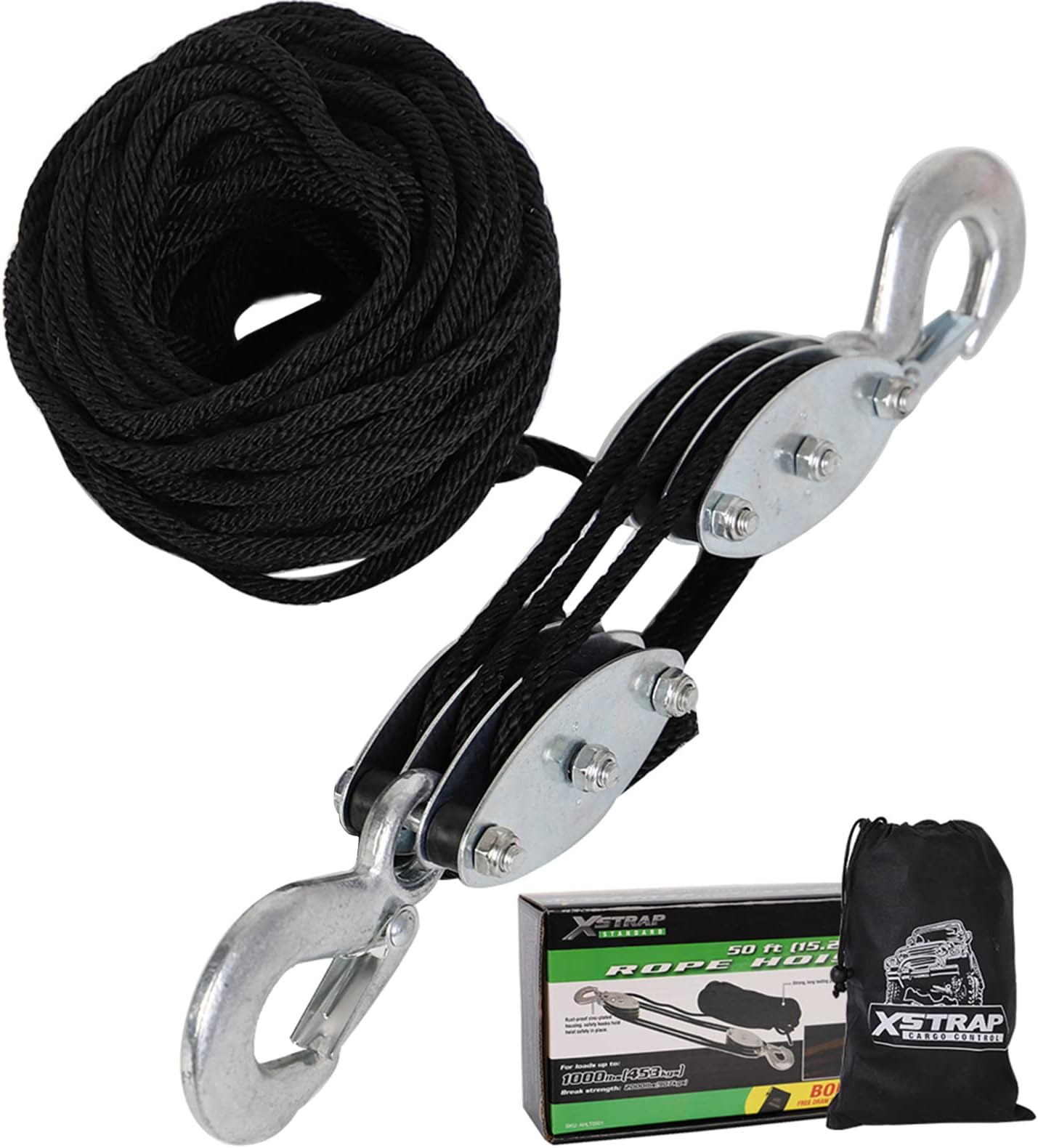 XSTRAP Heavy-Duty 2,000 LB Breaking Strength 50 FT Rope Hoist (Black)