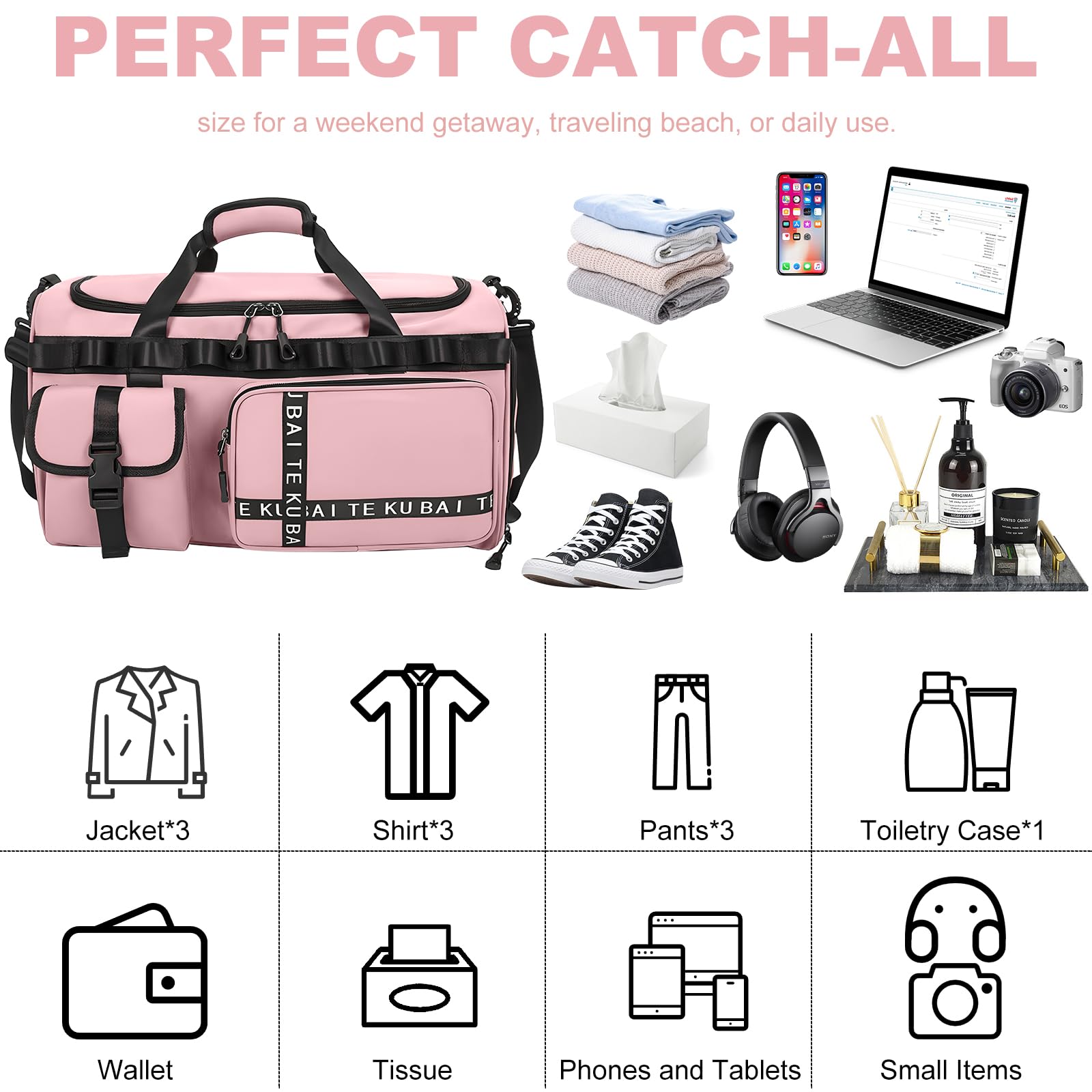 Sporttasche Reisetasche für Damen und Herren, Groß 65L Sporttaschen mit Schuhfach & Nassfach, Large Capacity Reise Tasche Gym Bag, Travel Schwimmtasche Übernachtung Tasche (Rosa)