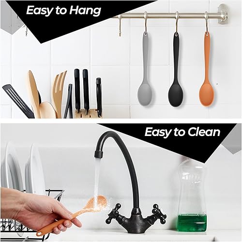 Miniatura 6 de Juego de 3 cucharas de silicona antiadherentes, resistentes al calor, sin BPA, juego de cucharas de cocina para cocinar, revolver, mezclar, servir