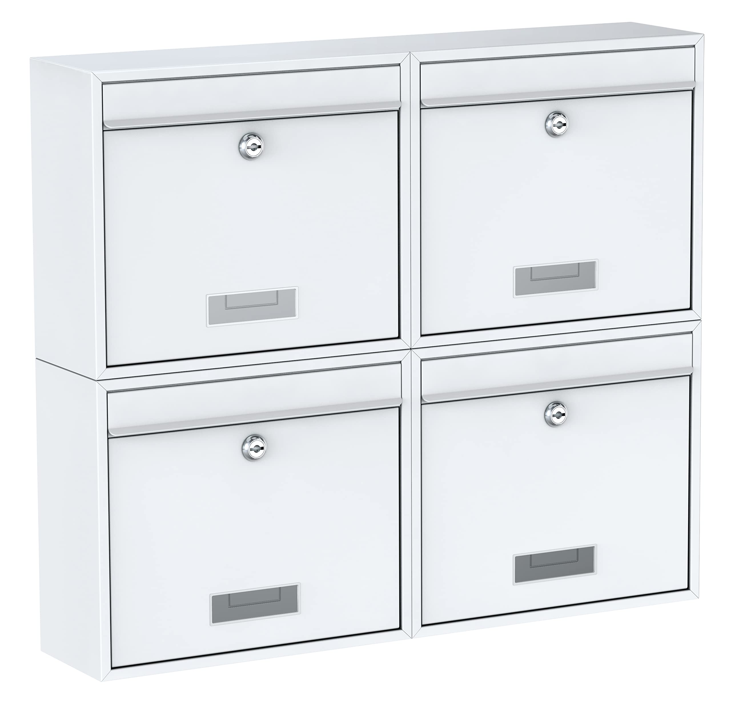 Ensemble de 4 boîtes aux lettres BASI | Boîte aux lettres murale en acier | Couleur Blanc | Avec porte-nom | Serrure cylindrique avec 2 clés | Matériel de fixation inclus | Système de boîtes aux