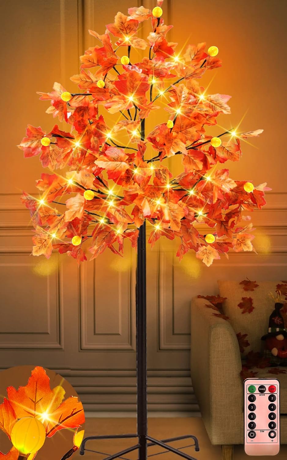 TURNMEON 6 Ft Lighted Prelit Maple Tree Fall Decor 120 Warm White LEDs Pumpkin Lights Timer 8 Modes Remote Control Home Indoor Outdoor Autumn Thanksgiving Decorations Artificial Tree Harvest Halloween 6 feet