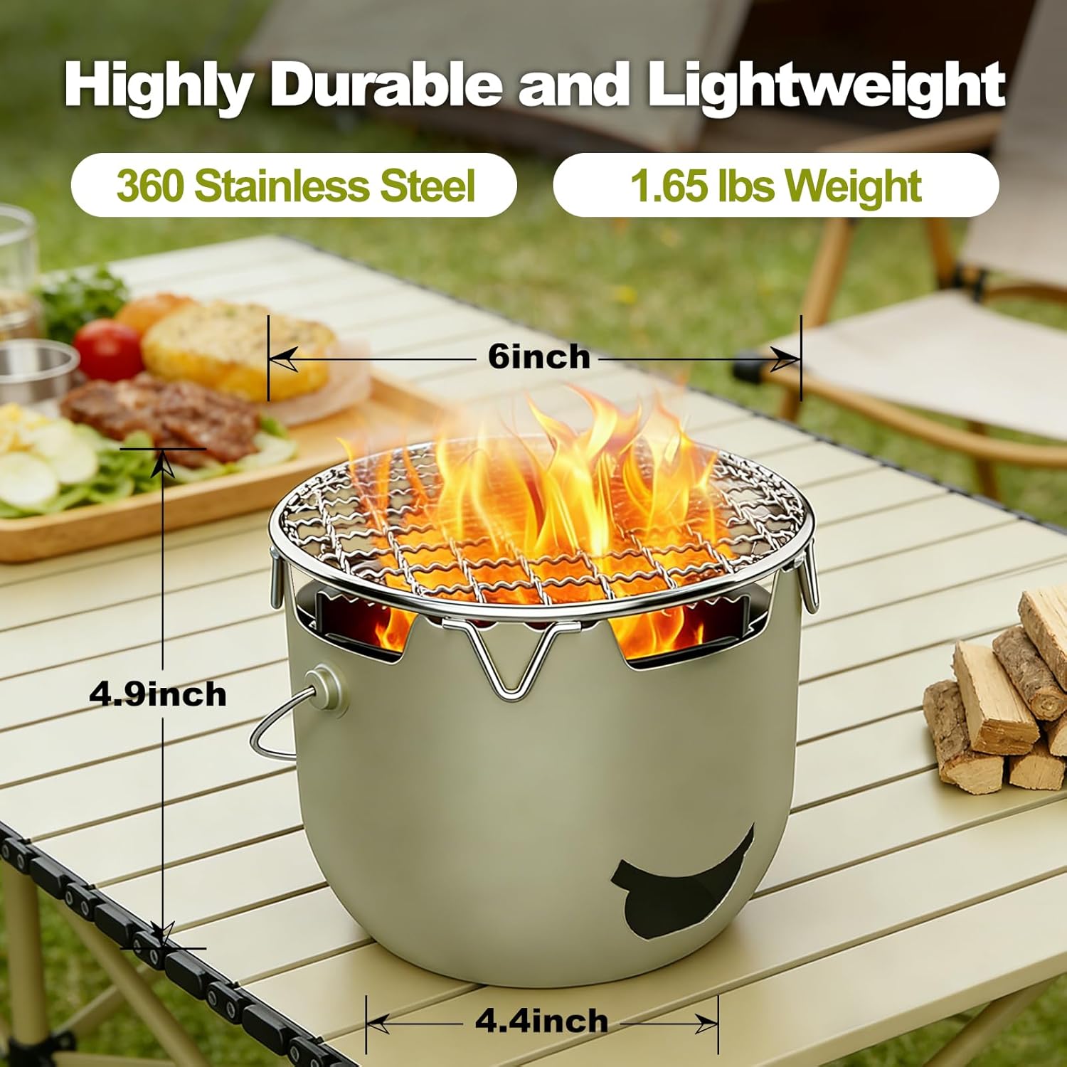 Backpacking and Camping Stove, Portable Stainless Steel Wood Burning Stove, Tabletop Fire Pit with Travel Bag, Resistant to Heat, Bending, Dropping for Outdoor, Hiking, Picnic - Sage Green