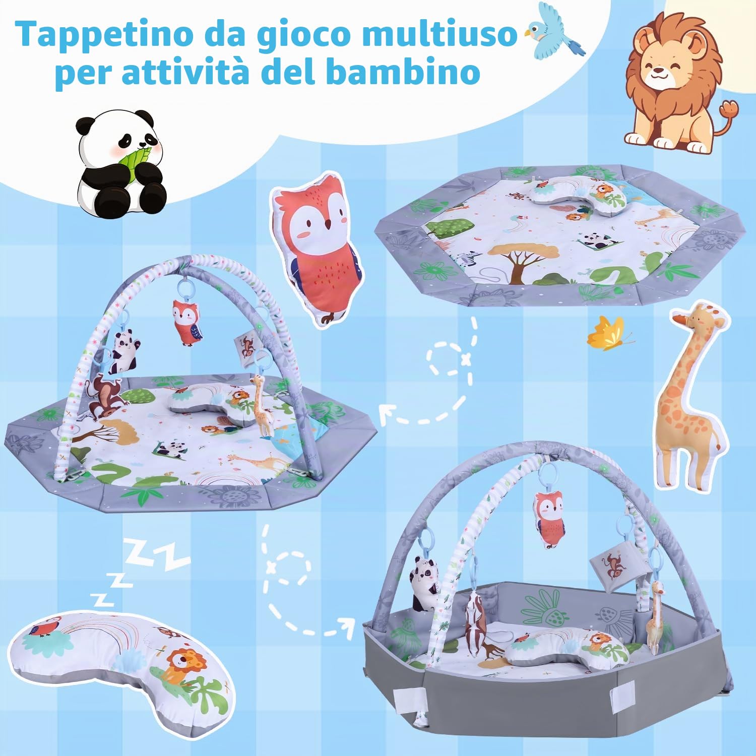 Palestrina Neonato con Arco Rimovibile, Palestrina Neonato Montessori con Cuscino per Tempo a Pancia in Giù, 5 Accessori Sensoriali Rimovibili, Lavabile e Morbido Tappetino Neonato Evolutivo