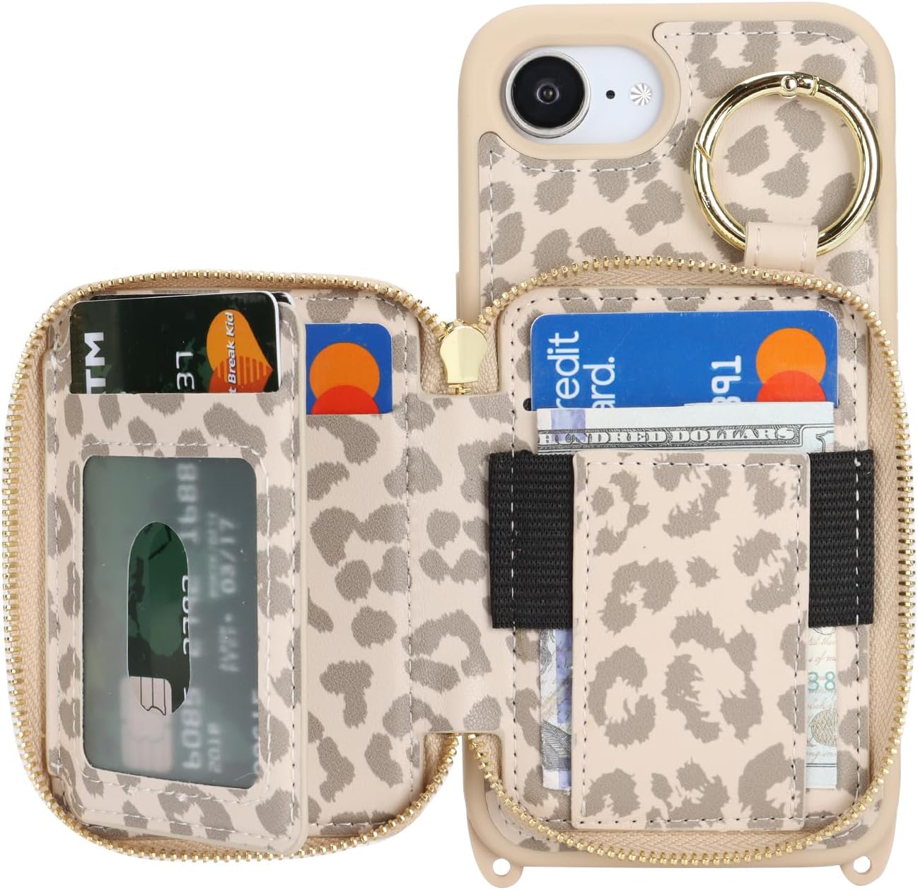 Crossbody Wallet Case for iPhone 17e/16e, PU Leather Zipper Handbag Purse Flip Cover, Kickstand Folio Case with Card Slots Holder Wrist Strap Lanyard 5G 6.1 Inch-Off-White Leopard