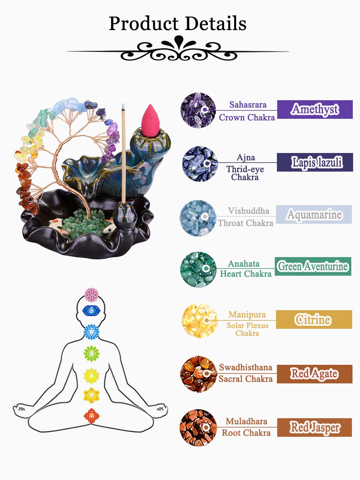 JSDDE - Soporte para incienso con árbol de cristal, 7 chakras, lote de quemador de incienso cascada de cerámica con pulsera de árbol de la vida, piedras naturales, quemador de reflujo, decoración de