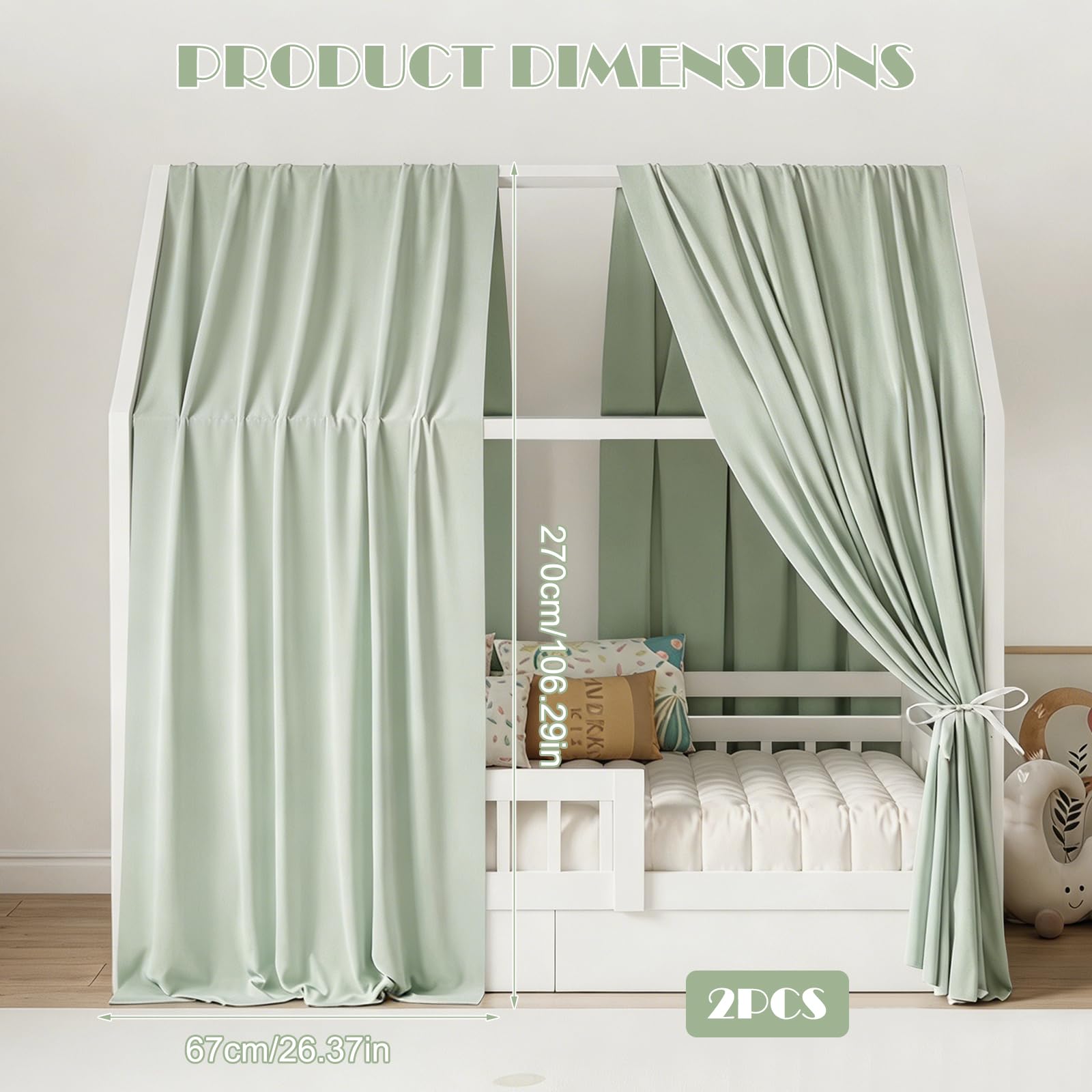 Dosel de cama de casa con dosel, 2 piezas de muselina, dosel suave y transpirable, decoración para habitación infantil, cielo de ensueño para habitación infantil, niñas y niños (verde claro