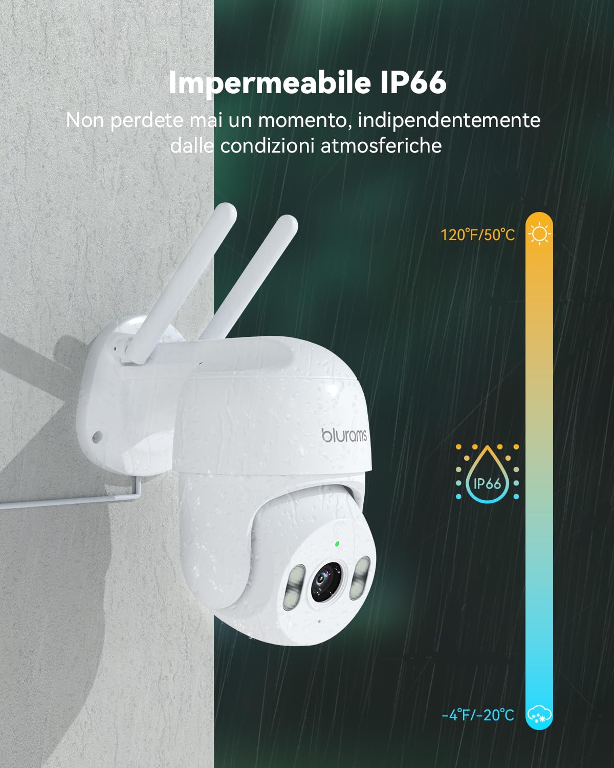 blurams 2K Telecamera Wi-Fi Esterno Interno - 360° PTZ Videocamera Sorveglianza con Visione Notturna a Colori, 5GHz WiFi, Rilevamento Movimento, Audio Bidirezionale, IP66 Impermeabile