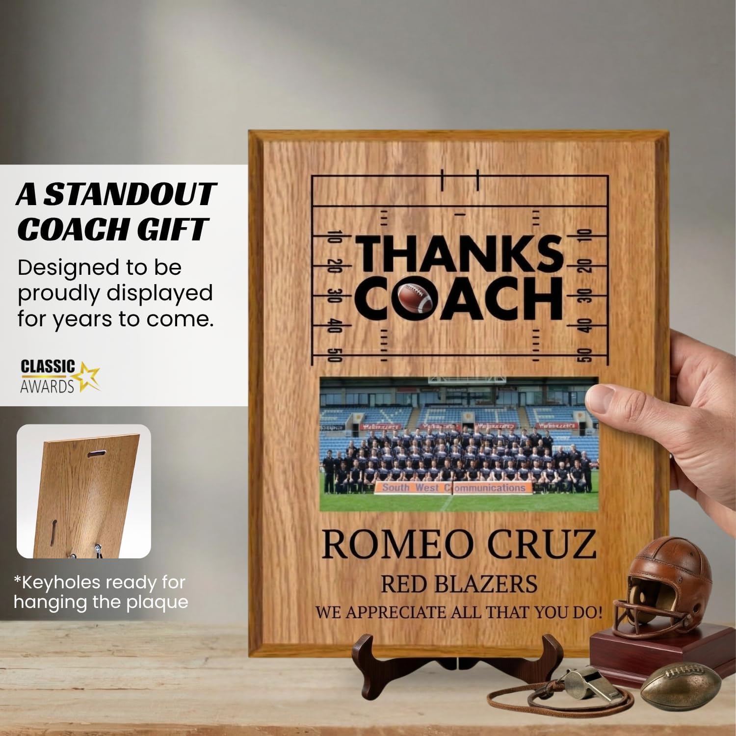 Personalized Coach Plaque - Custom Award with Name, Team Picture & Year - Coach Gift for Appreciation, Retirement, Soccer, Football, Baseball, Cheer (American Football, 9" X 12")