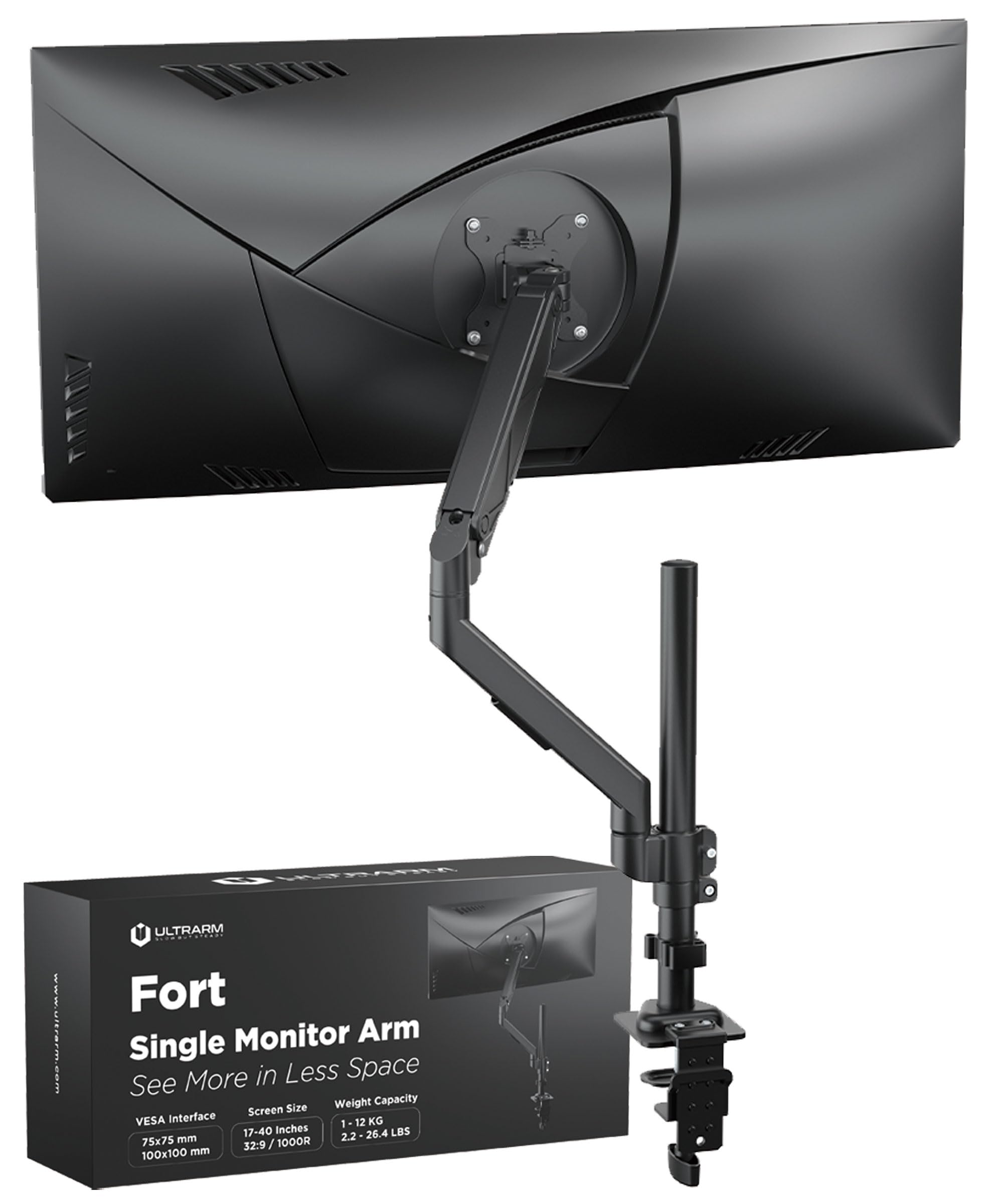 ULTRARM Braccio extra alto e robusto per monitor ultrawide da 40" | Altezza max 85 cm, capacità VESA 12 kg, morsetto a C e passacavi, regolabile, braccio ergonomico, Nero, MA12P-S