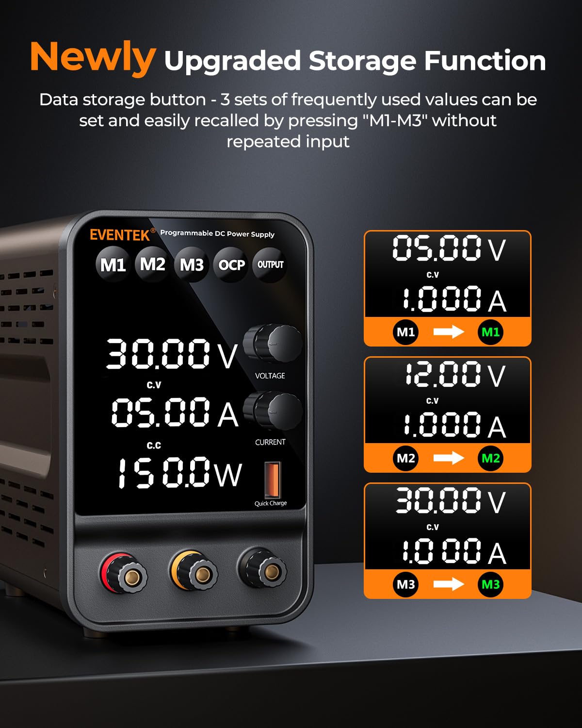 Alimentation de Laboratoire, Eventek 30V 5A Alimentation Stabilisée DC Réglable et Programmable Stockage des données,avec Affichage LED à 4 Chiffres, 5V/3.6A Port USB, Bouton de Sortie encodeur