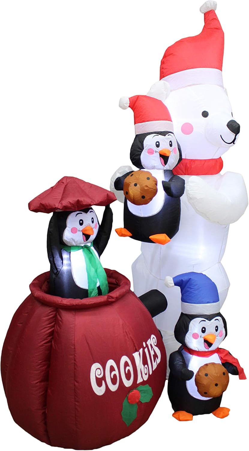 6 Foot Tall Animated Christmas Inflatable Polar Bear and Three Penguins Cookies Jar Cute Lights Lighted Blowup Party Decoration for Outdoor Indoor Home Garden Family Prop Yard with Motion