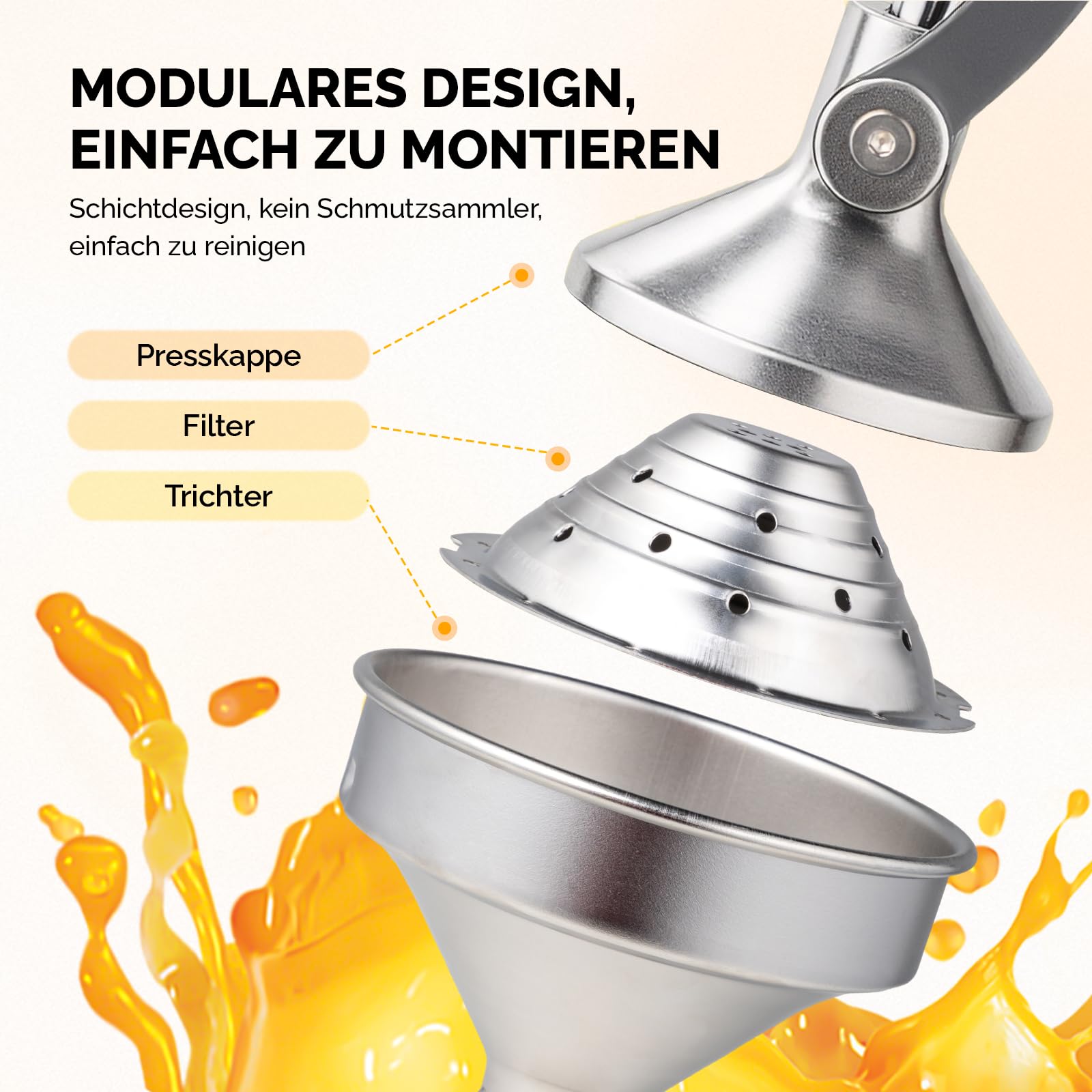 Bonnlo Saftpresse Manuell mit Obenfilter Abnehmbar, Zitronenpresse Edelstahl Lebensmittelecht, Obstpresse, Zitruspresse, Entsafter, Apfelpresse, Orangenpresse 18x22x37 cm Grau (Grau)