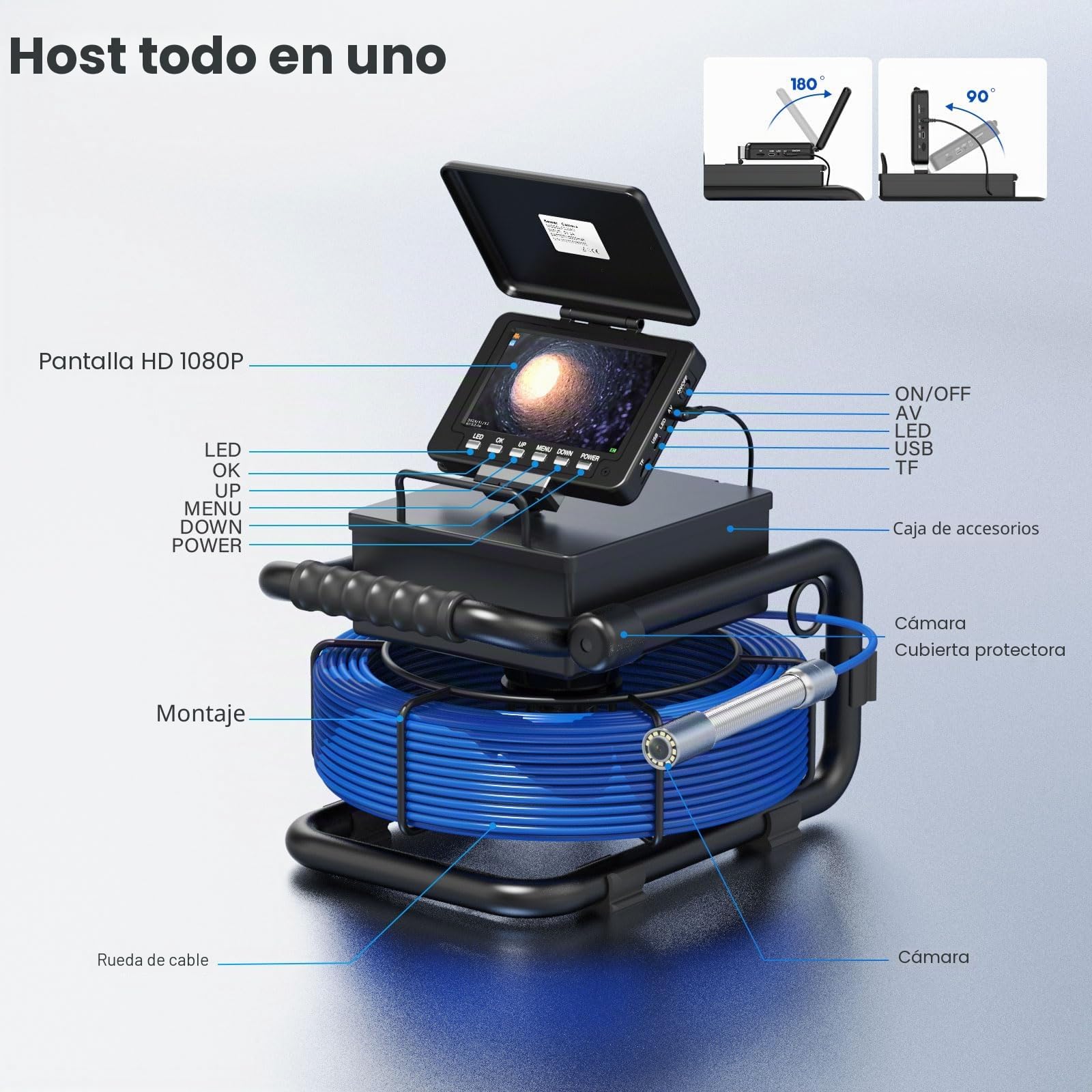 Camara Endoscopica para Tuberias con DVR, 5" Industrial Cámara Endoscópica, Camara Inspeccion IP68 Impermeable con Nivelación Automática y Transmisor de 512 HZ, Tarjeta SD 16GB