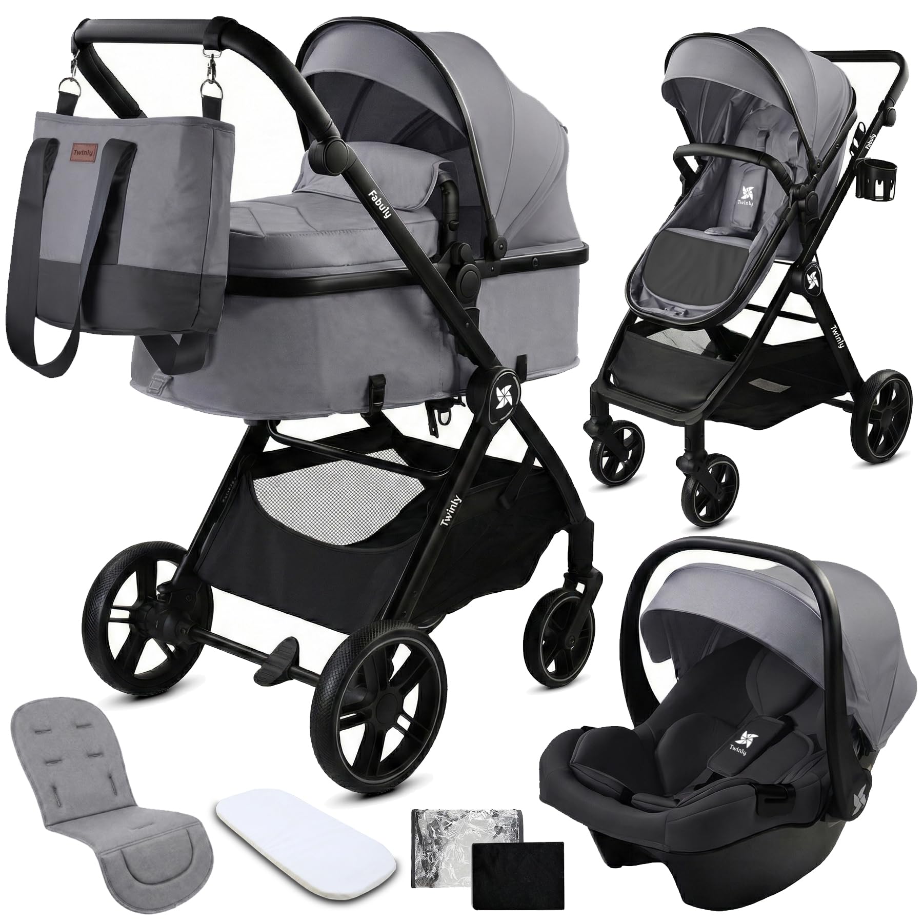 Twinly Carrito de Bebe 3 en 1 – Carro Bebe 3 Piezas Convertible con Grupo 0 (i-Size), Capazo y Silla de Paseo – FABULY – Plegable y Ligero con Bolso, Plástico Lluvia y saco – (Gris)