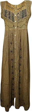 Mogul Interior Womens Maxi Dress Brown Embroidered Bohemian Dresses S/M
