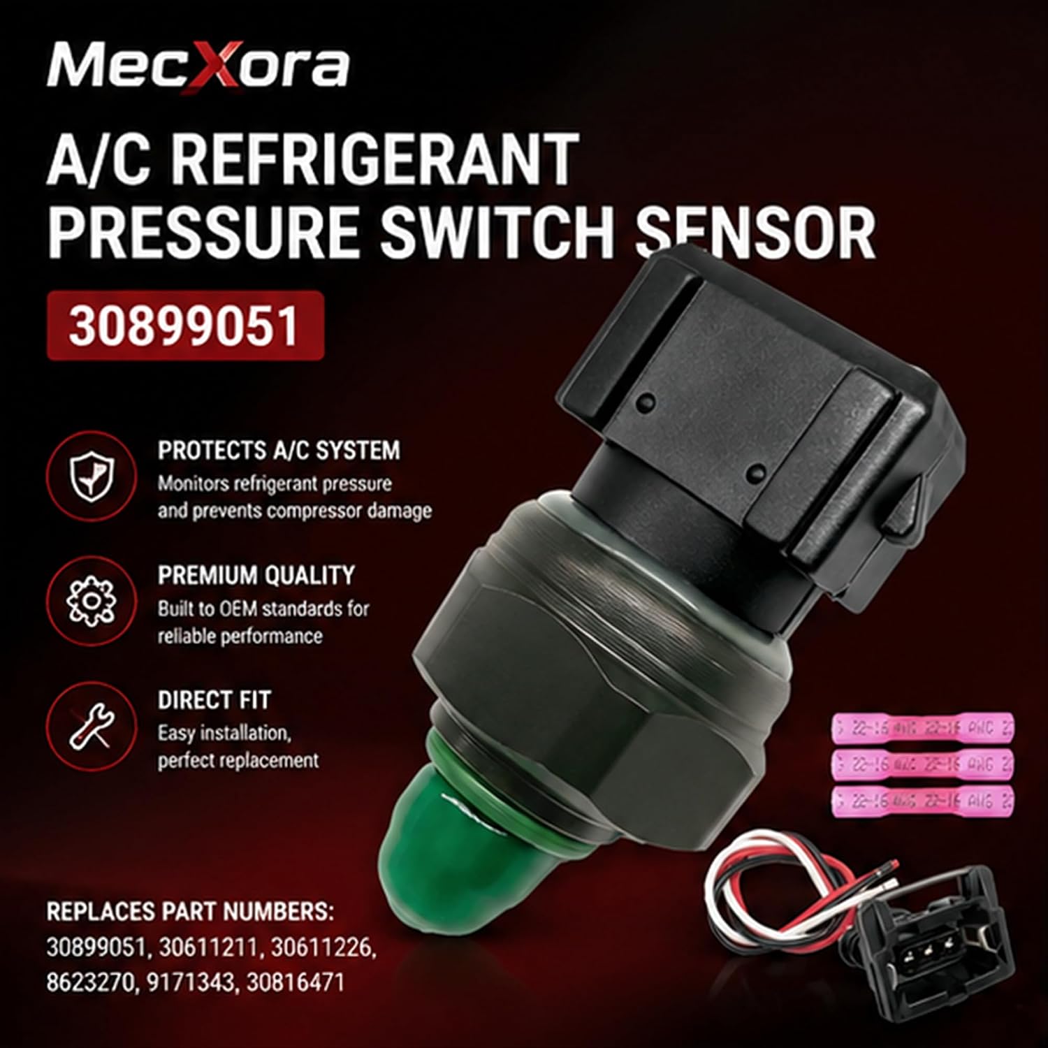 30899051 A/C Refrigerant Pressure Switch Sensor with Connector Wiring Harness Compatible with Volvo S60 S80 V70 XC70 XC90 S40 V40 2000-2014 Replaces 8623270 30611211 30611226