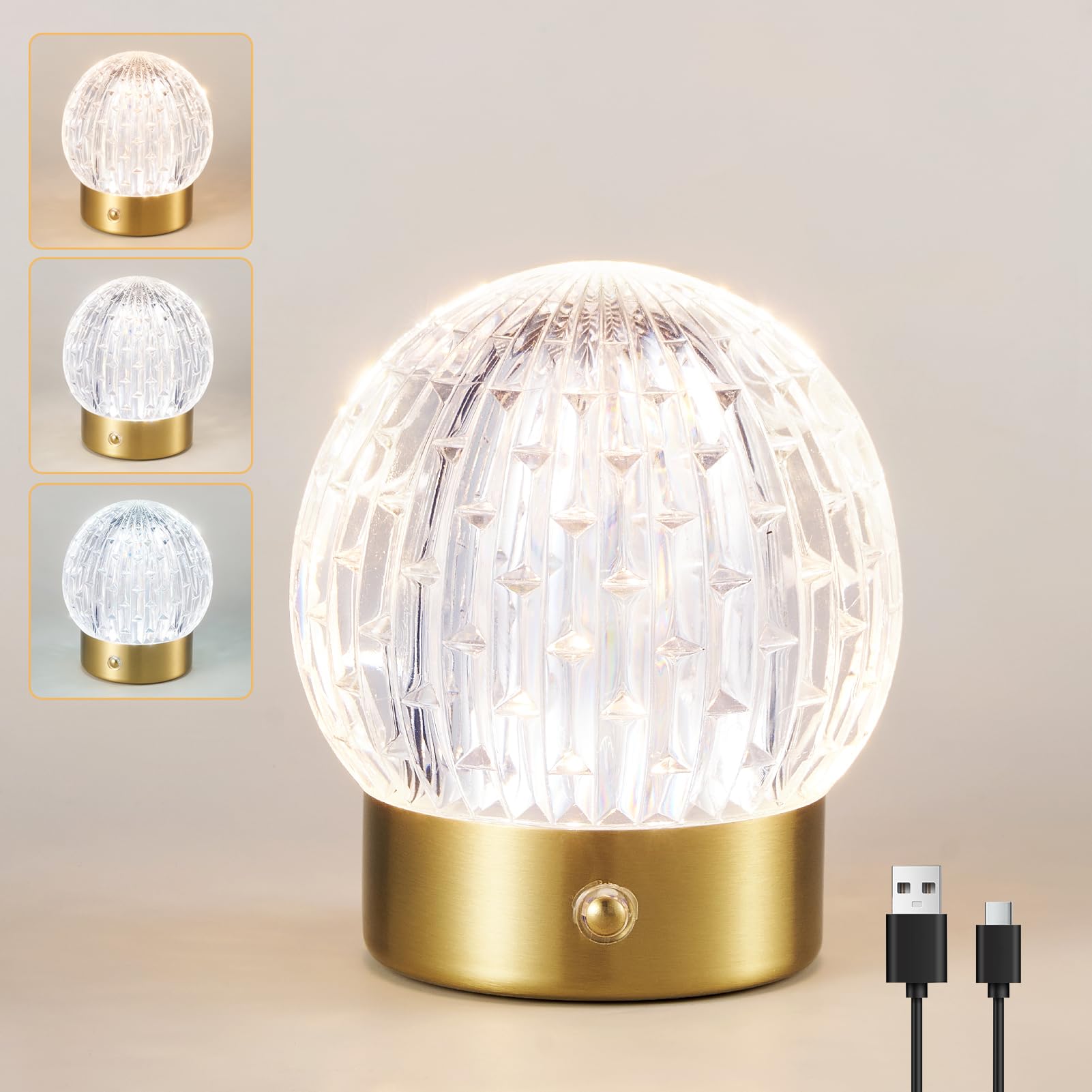 HARPER LIVING Rechargeable Table Lamp, Cordless Small Desk Lamp, 3 Colors & Dimmable LED Touch Lamps, USB Battery Operated Table Light for Bedside Living Room Kids Room, Globe Shade, Gold Finish — image 1
