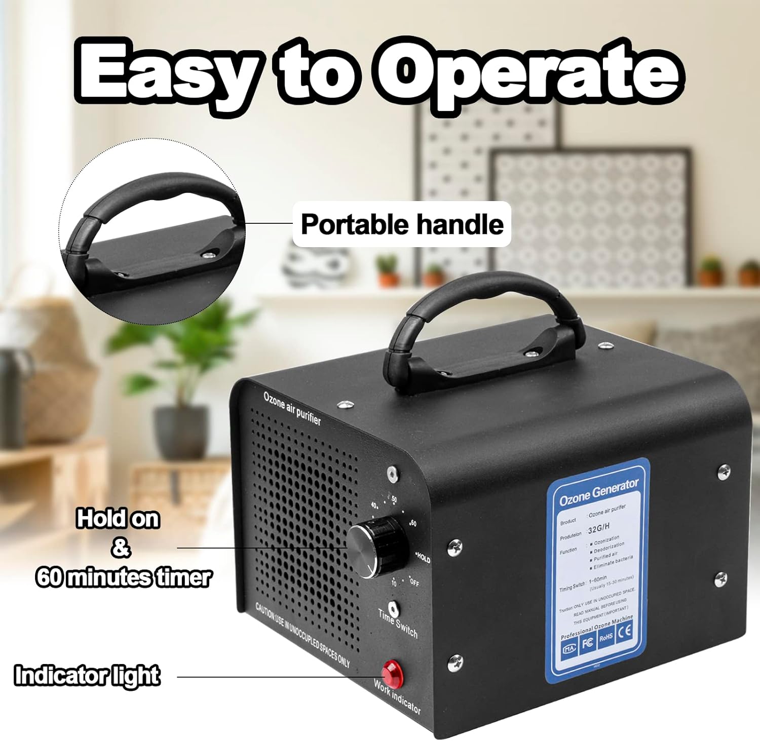 Ionizer Air Purifier, 32000mg/h, Deodorizer Odor Eliminator for Home Smoke Pet Car, Eliminate Odors Area up to 4000 Sq.Ft, Black