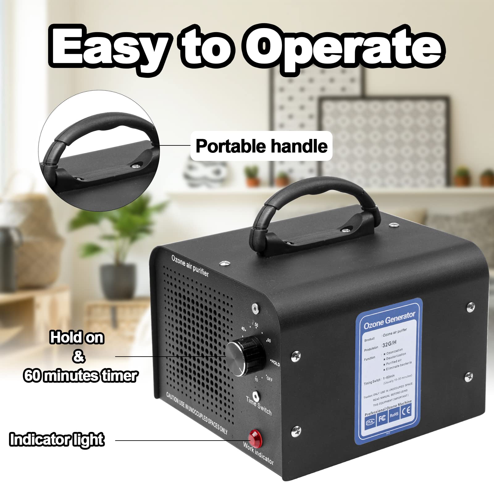 Generatore Di Ozono 60000mg/h, Purificatore D'aria Professionale In Acciaio Inox, Timer 10-120 Min, Per Casa, Garage, Auto, Scantinati, Blu - 3