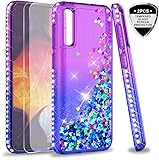 LeYi Funda Samsung Galaxy A50 Silicona Purpurina Carcasa con [2-Unidades Cristal Vidrio Templado], Transparente Cristal Bumper Gel TPU Fundas Case Cover para Movil Samsung A50 Morado/Azul