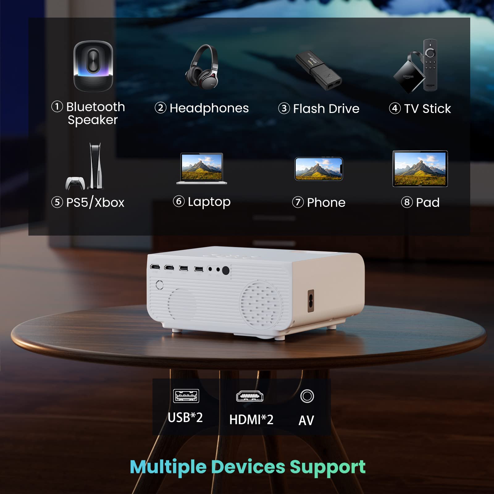 HOPVISION Projektor, Mini Projektor WiFi Bluetooth Full HD 1080P, Projektor 4K do Kina Domowego, 300-Calowy Wyświetlacz, Projektor Zewnętrzny Kompatybilny ze Smartfonem/HDMI/USB/Laptopem/Palnikiem/PS5