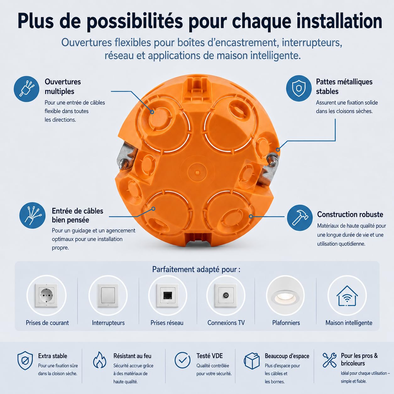 Lot de 25 boîtes encastrées pour cloison sèche et placoplâtre - 68 mm de diamètre - 60 mm de profondeur - Pour cloison sèche et placoplâtre - Boîtes encastrées pour interrupteurs et