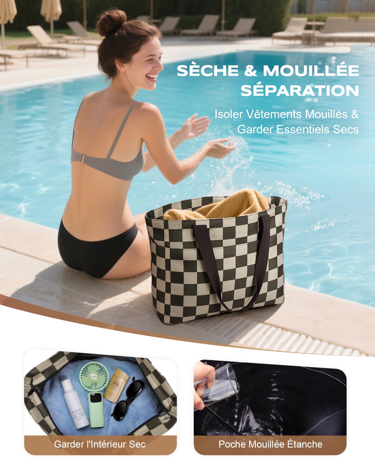 EOIWUY Sac de Plage, 35L Grand Cabas de Plage Étanche et Anti-Sable, Sac a main Femme Tout Voyage Pliables avec Fermeture Éclair et Compartiment Humide, Beach Bag pour Plage, Gym, Quotidien, Voyages