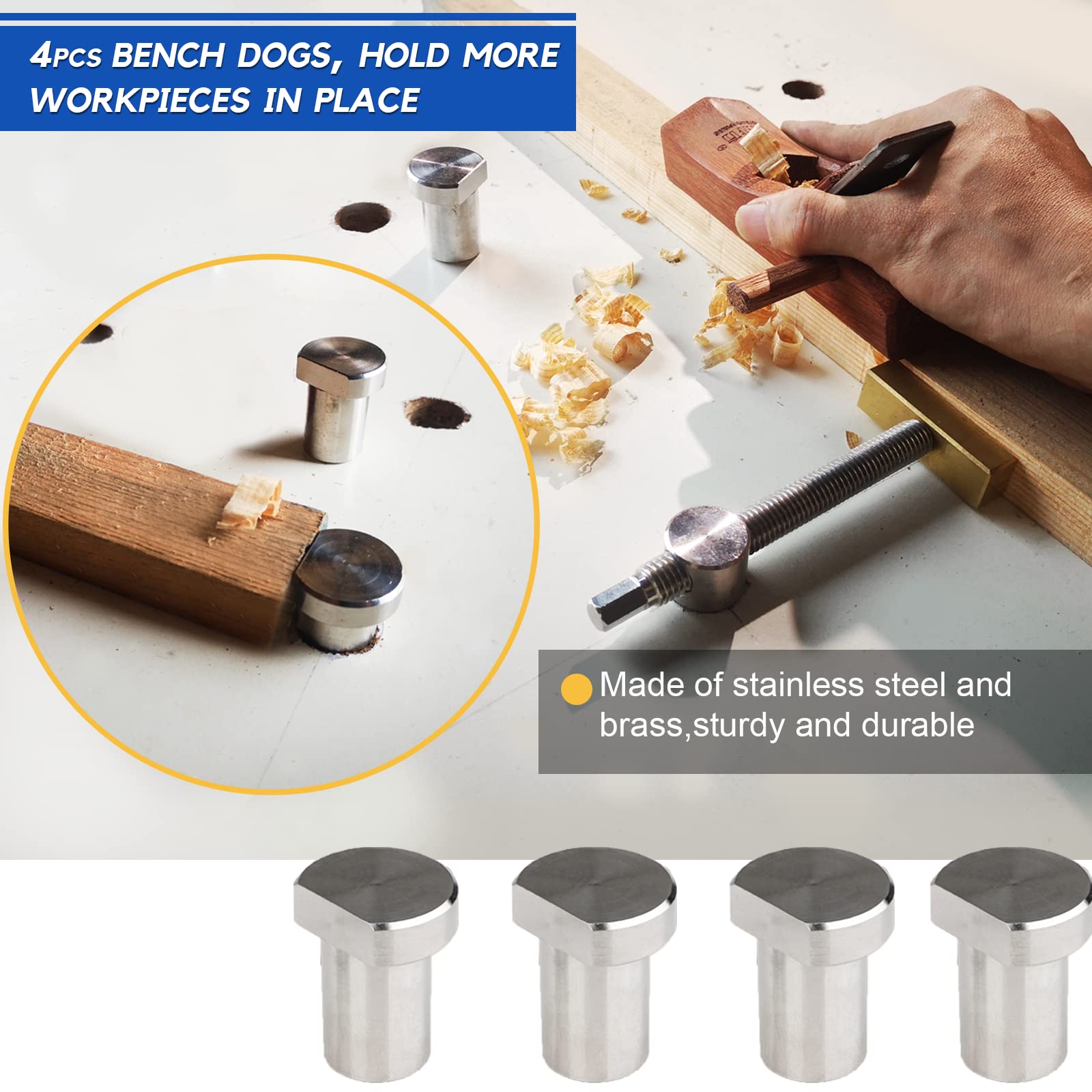Werkbank Klemme, 2pcs Bankhaken 20mm Schraubenschlüssel-Hundeklemmen-Holzbearbeitungswerkzeug mit 4 Bench Dogs- DIY-Positionierung Niederhalter 20mm