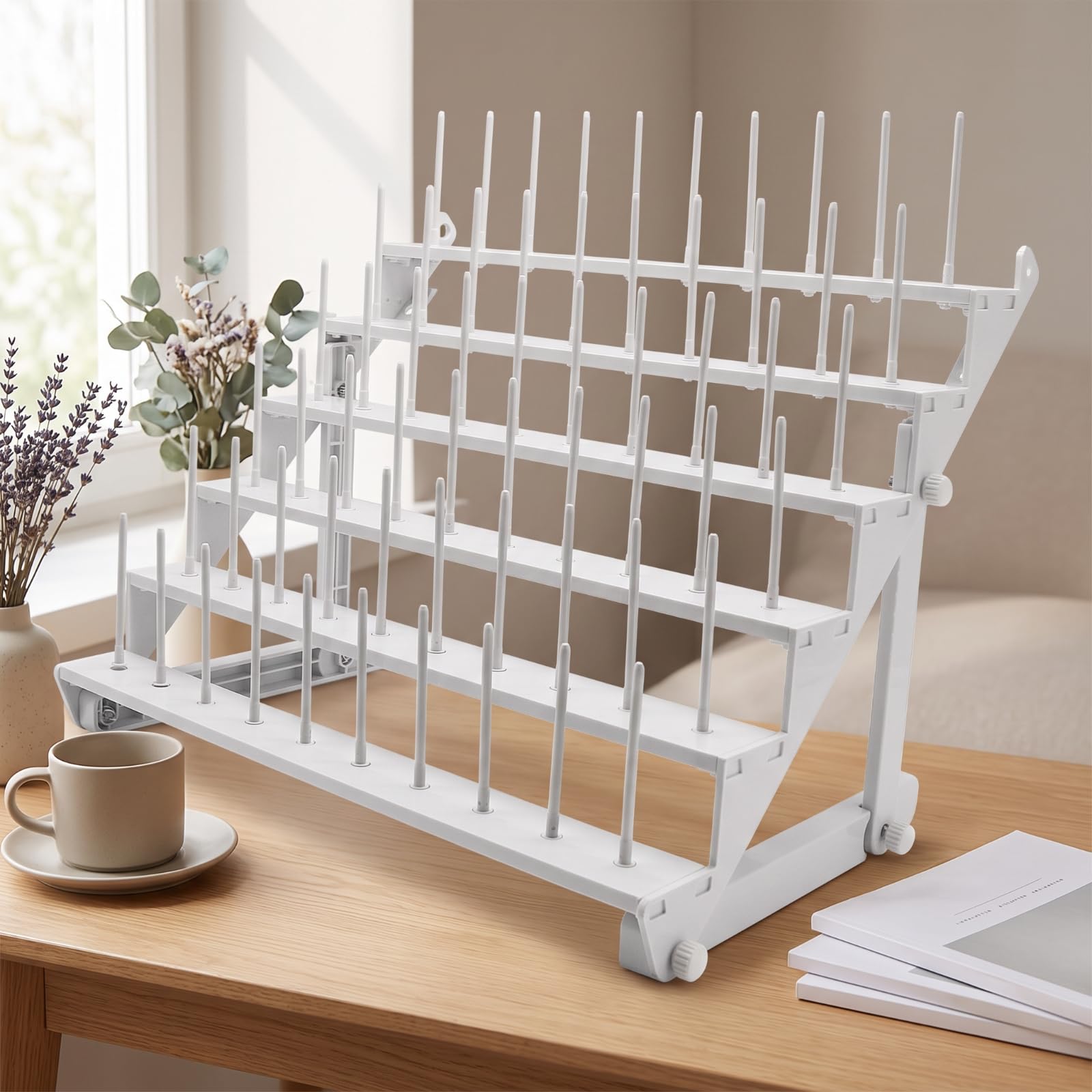 Porte-fils de Broderie Organisateur Support Présentoir Rack à Plusieurs Niveaux pour 60 Bobines et Cônes Tiges Longues Modulables Pose sur Table et