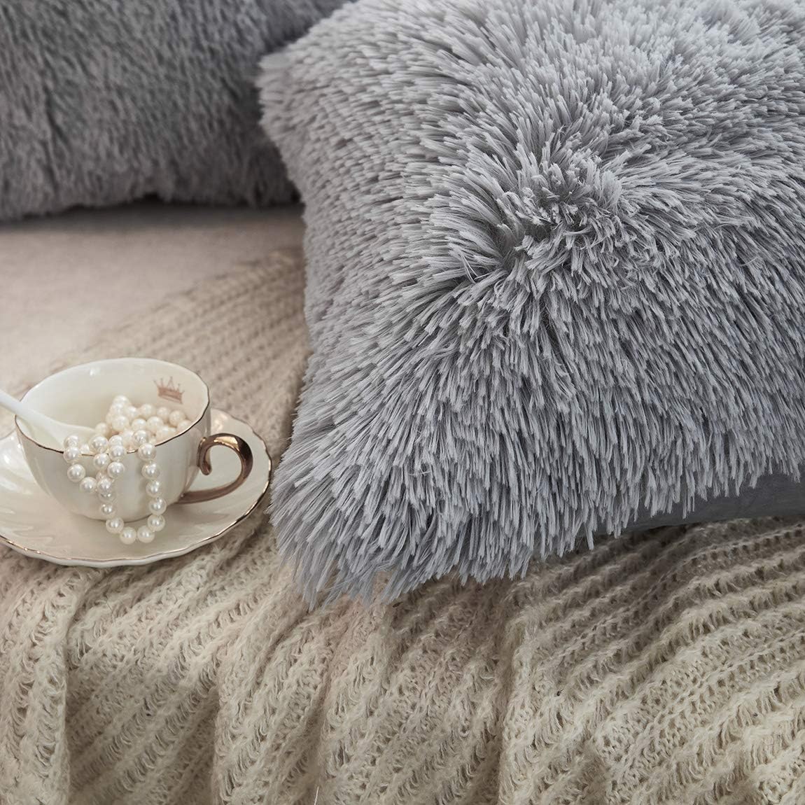 JAUXIO Long Faux Fur Soft Soild Decorative Pillowcase Fluffy Throw Pillow Cover Velvet Shaggy Plush Cushion Case Set of 2 Zipper Closure Queen Size (20X26 Inches, Light Grey) image 4