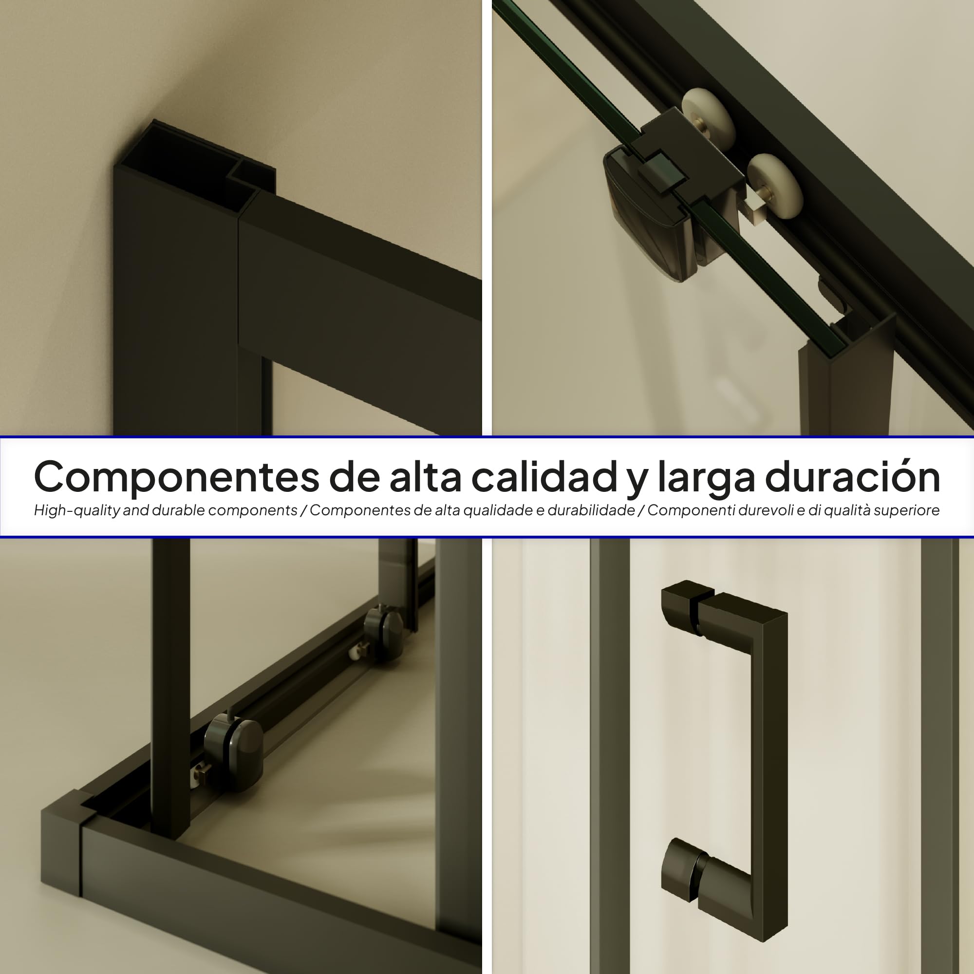 Mampara de Ducha Diana 70x70x180cm, REVERSIBLE, Puertas Correderas, Ajuste 67.5-69.5x67.5-69.5cm, Perfiles Negros, Cristal Templado Transparente 6mm