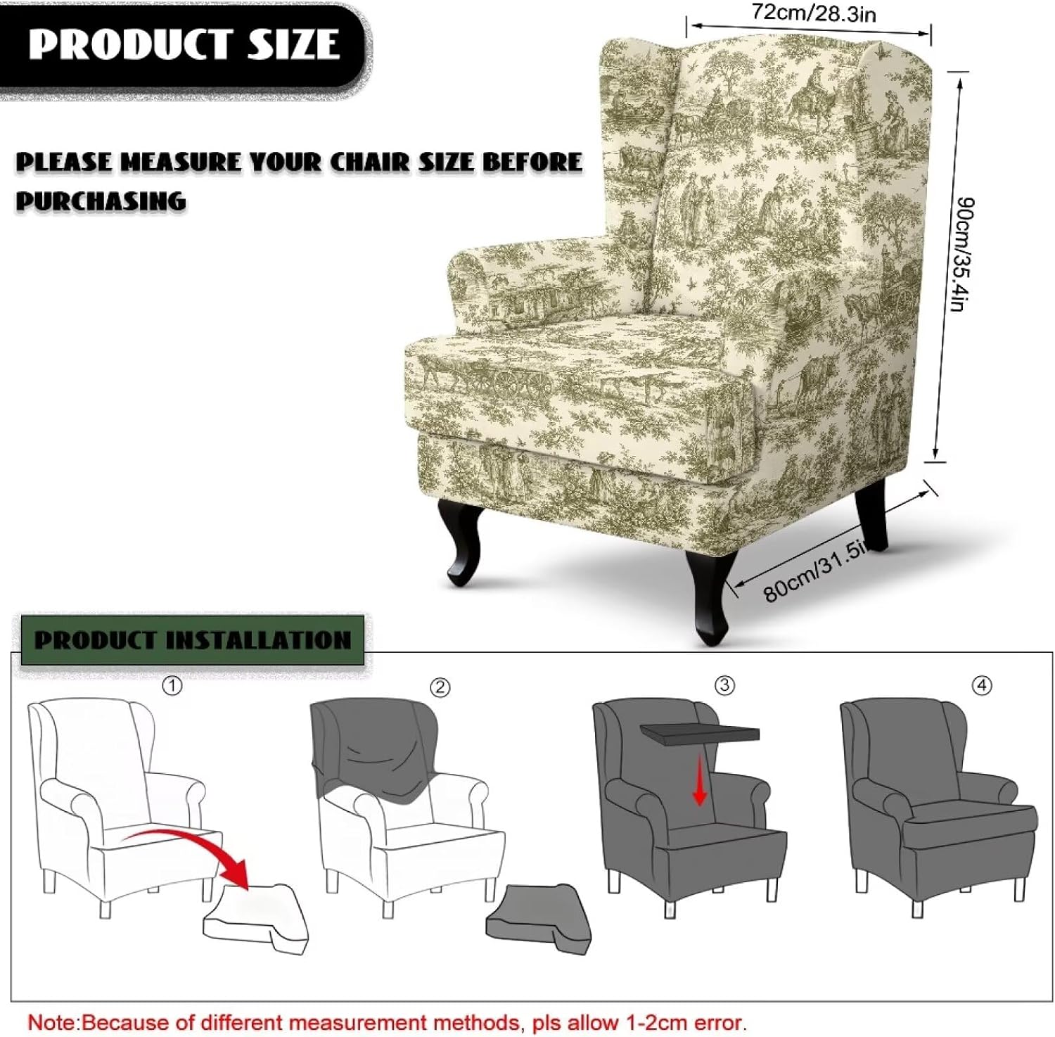 Vintage Toile De Jouy Pattern Wingback Chair Cover, Dustproof Wingback Chair Slipcovers with Elastic Bottom Wingback Soft Sofa Slipcover Arm Chair Furniture Protector for Pets