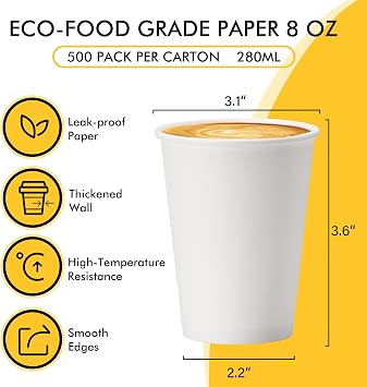RACETOP 8 oz Disposable Coffee Cups 500 pack, Hot Coffee Cups 8 oz, Ideal for Office, Home, Party(500 pack)