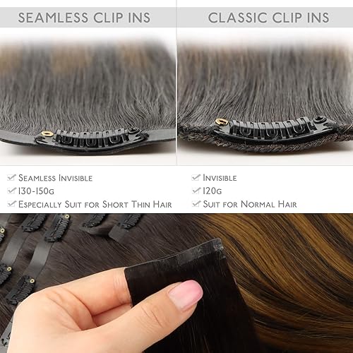 Miniatura 3 de Wennalife - Extensiones de cabello humano sin costuras, clip en extensiones de cabello Remy de 14 a 22 pulgadas 7 unidades 130g a 150g