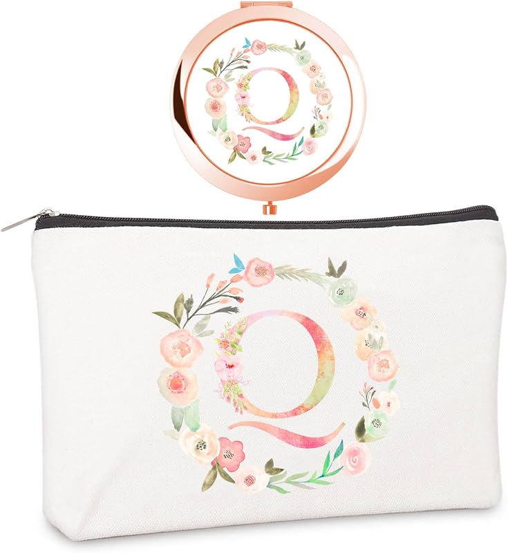 Espelho compacto redondo boutikpro Rose Gold com inicial Q e bolsa