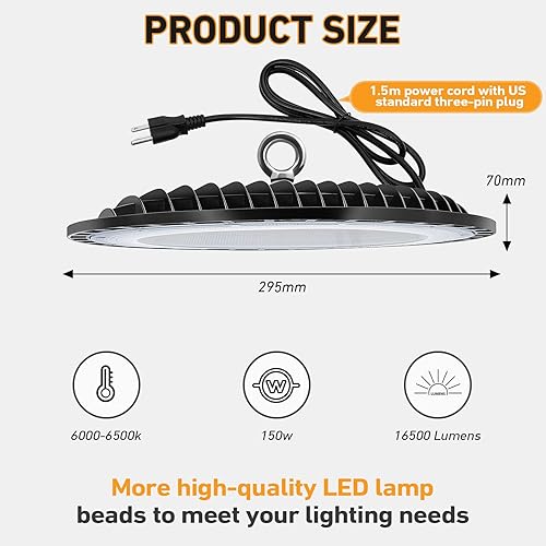 Miniatura 2 de 10 piezas de luz LED UFO de alta bahía de 150 W, iluminación comercial impermeable, luz diurna 6000-6500 K, 16500 lm con cable de alimentación,