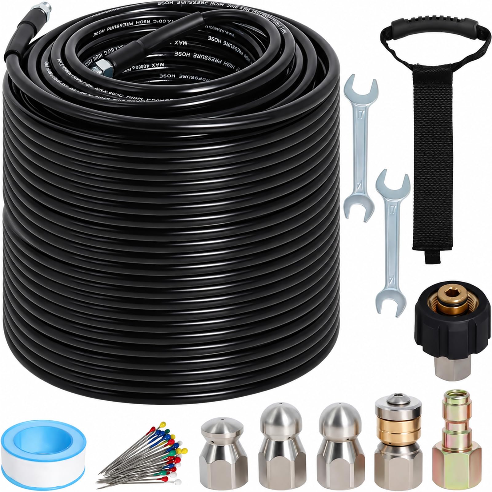 200FT 1/4-In Sewer Jetter Kit, 5800 PSI Pressure Washer Drain Cleaner Hose