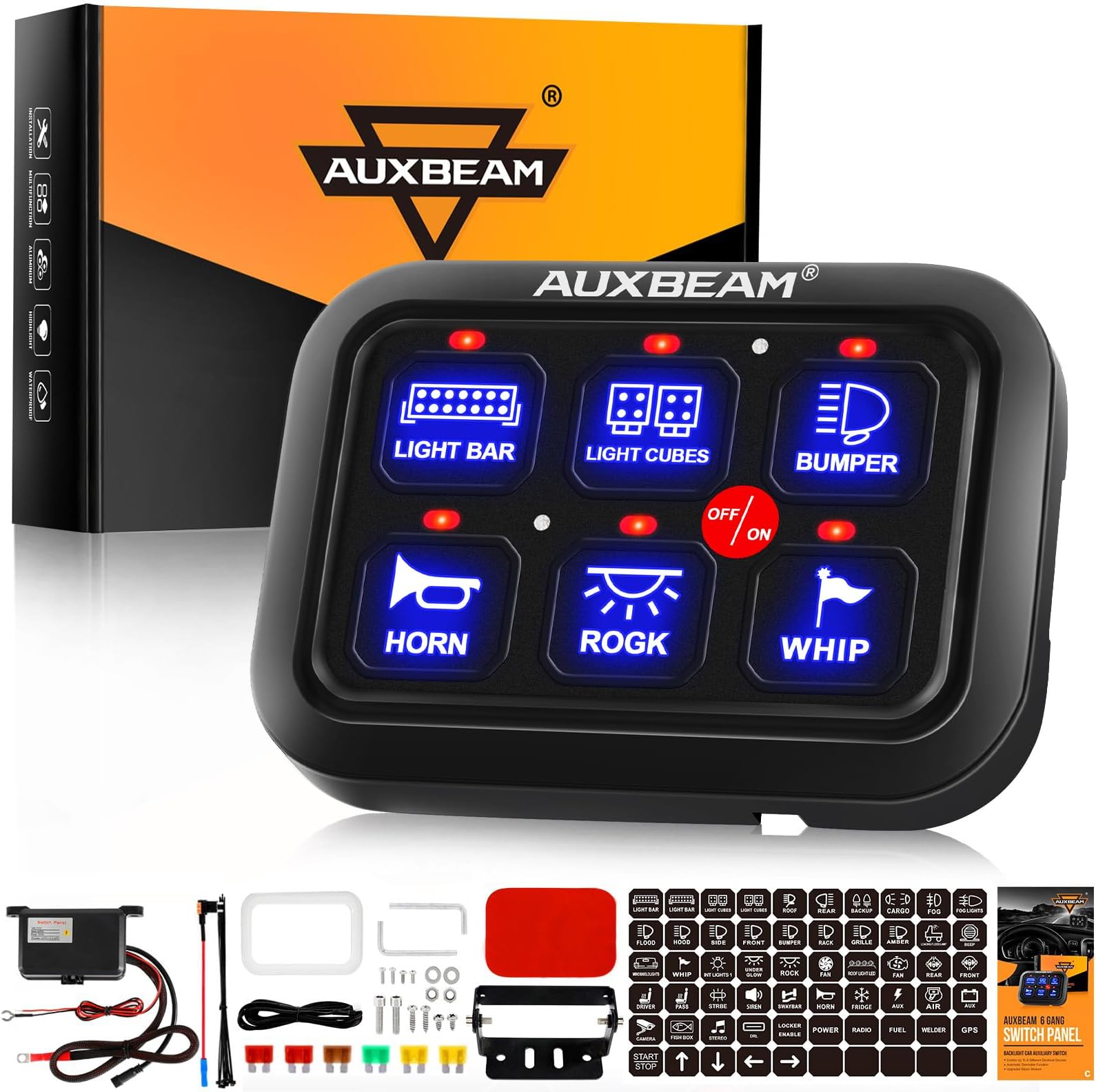 Auxbeam 6 Gang Switch Panel BC60, Universal Circuit Control Relay System Box with Automatic Dimmable On-Off LED Switch Pod Touch Switch Box for Car Pickup Truck UTV ATV Boat, 3 Years Warranty, Blue