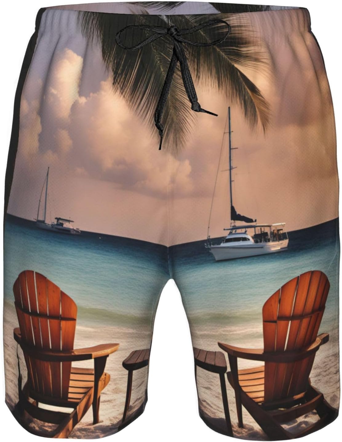Mens Beach Palm Tree Chairs Boats Print Beach Shorts,Casual Summer Shorts for Men,Quick Dry Polyester