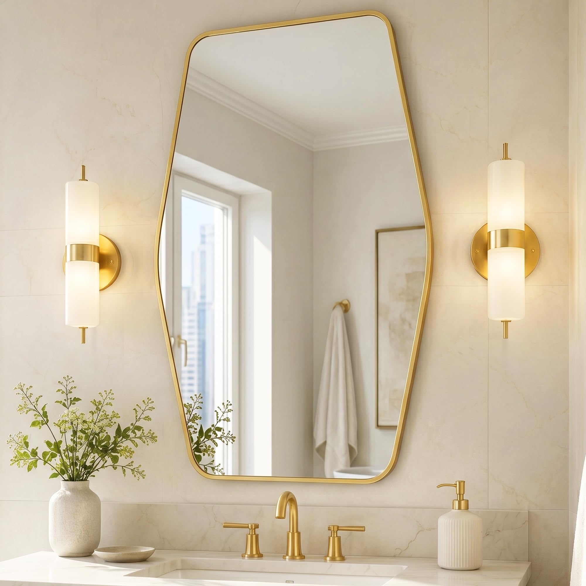 Pocetry Brushed Gold Tapered Rectangle Bathroom Mirror, 24X36 Inch