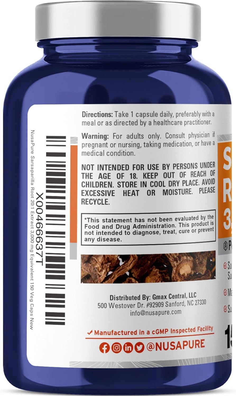 NusaPure Sarsaparilla Root 20:1 Extract - Suitable for Vegetarian/Vegan, Non - GMO - 3000 mg - 150 Capsules - Image 3