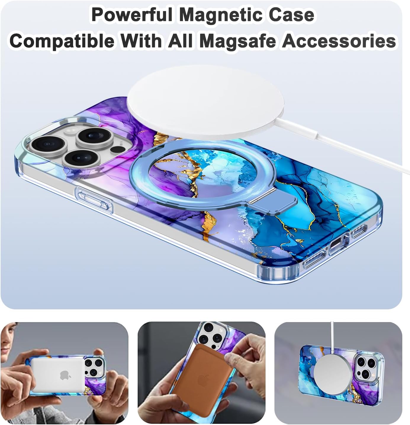 Lamcase for iPhone 16 Pro Max Case with Magnetic Invisible Ring Stand [Compatible with MagSafe], Full Body Rugged Slim Women Men Girl Shockproof Marble Pattern Design Case, Purple/Blue - Image 2